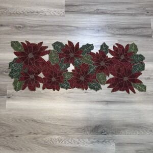 Beaded Poinsettia Christmas Table Runner 34"x12" Heavy Holiday‎  Xmas Classic